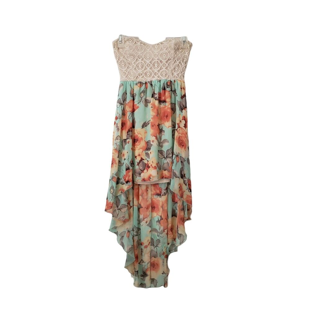 Love Culture Floral Green Sheer & Lace High-Low Strapless Dress Sz Small